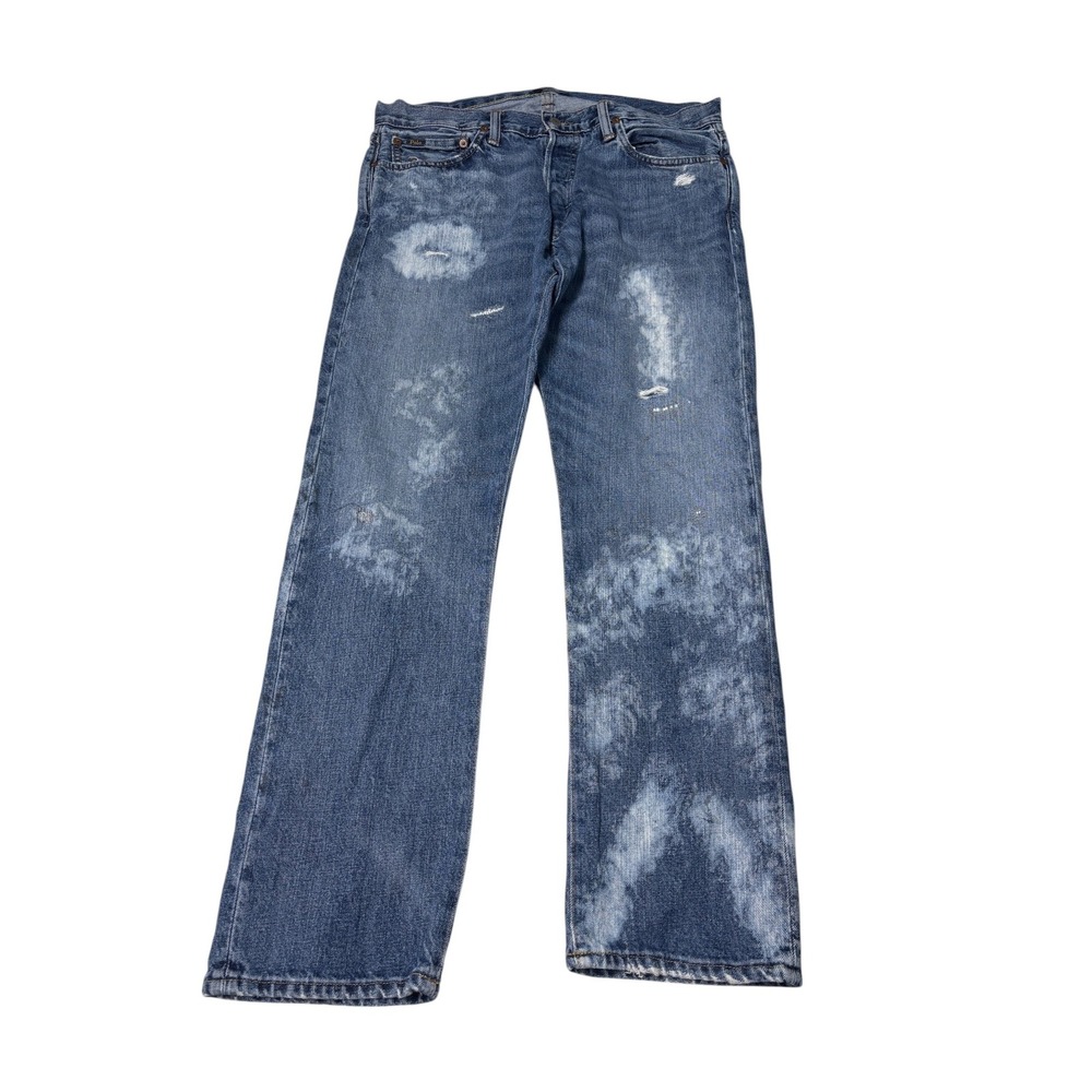 Polo Ralph Lauren Varick Slim Straight Distressed Acid Wash Jeans Men 34x32 Blue